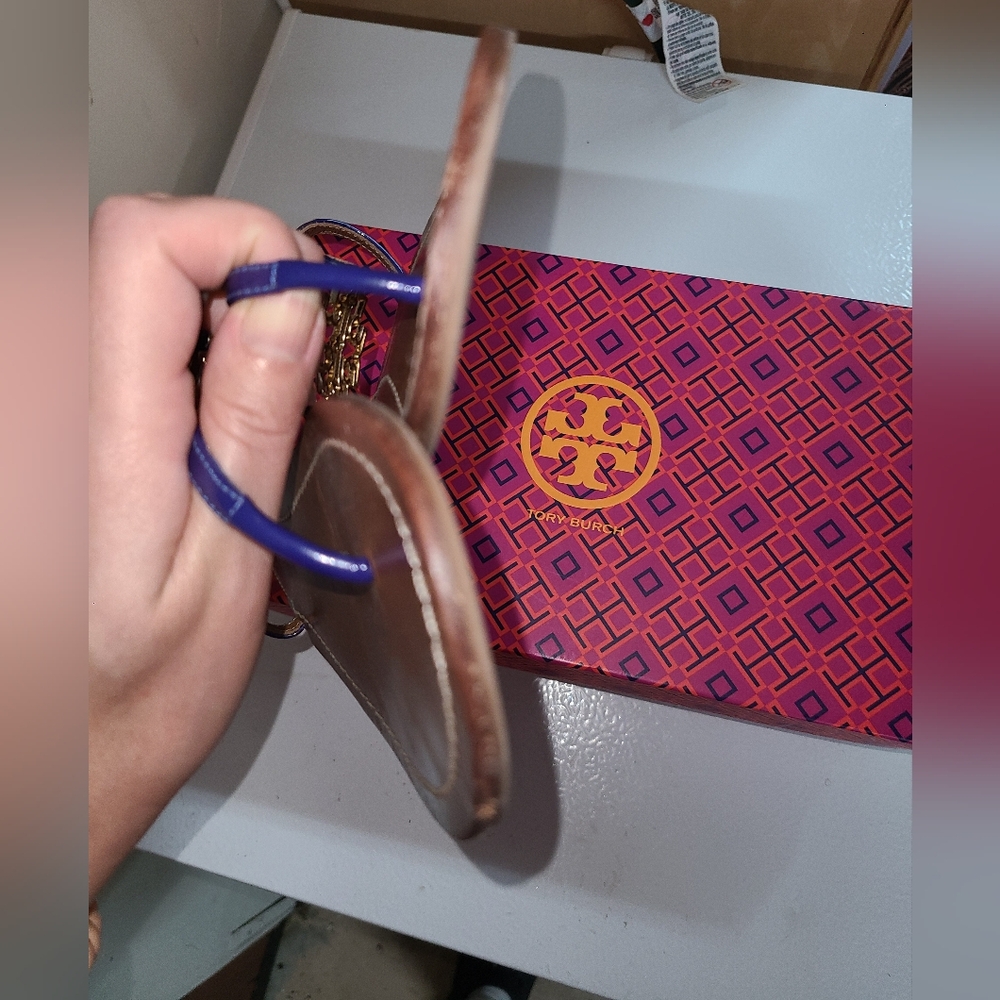 Tory Burch Designer Melinda Blue T Strap Sandals Slingback Flat 8.5 - Picture 4 of 11